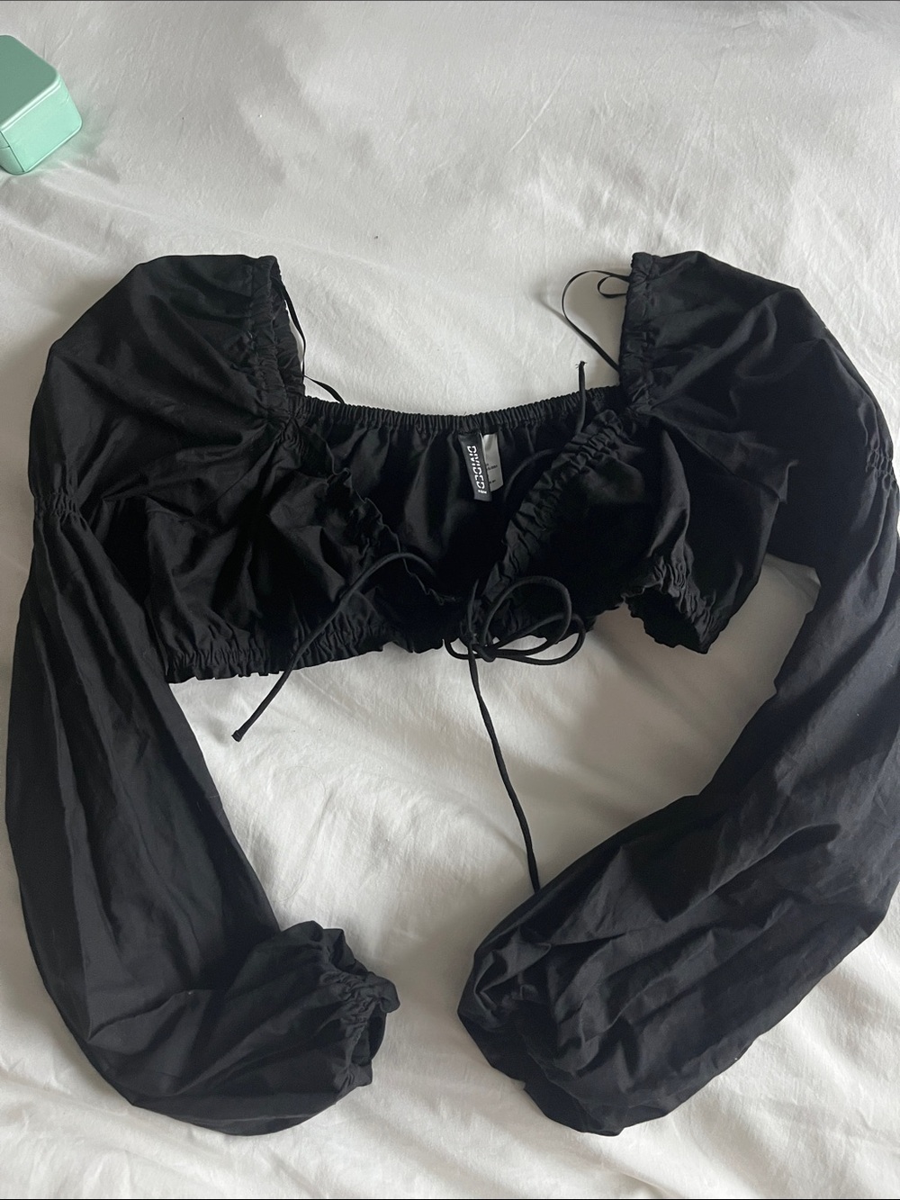 H&M Black Ruched Long-Sleeve Crop Top worn 1x